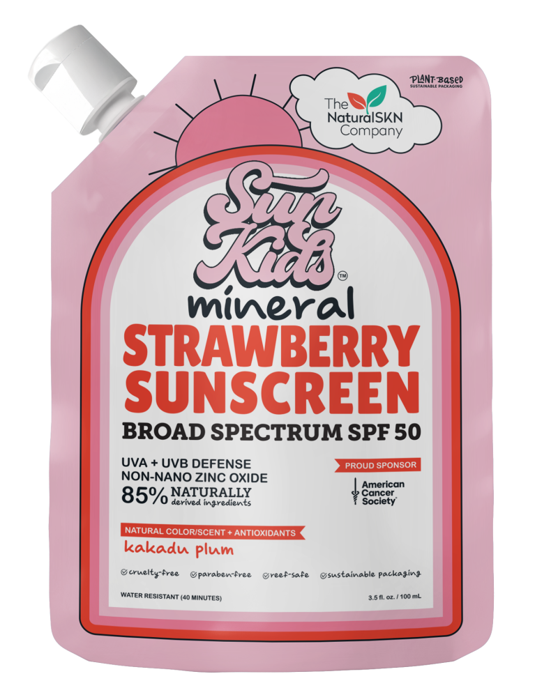 Strawberry scented kids mineral sunscreen SPF 50 pouch